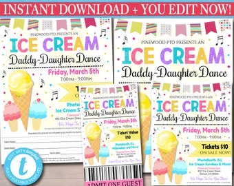 Daddy Daughter Ice Cream Themed Sweetheart Dance Set, School Pto Pta Dance Flyer Party Invite, Church Community Event, EDITABLE TEMPLATE