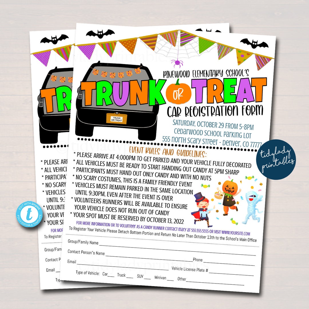 EDITABLE Trunk or Treat Car Registration Form Printable Halloween Flyer EDITABLE Trunk or Treat Car Registration Form Printable Halloween Flyer