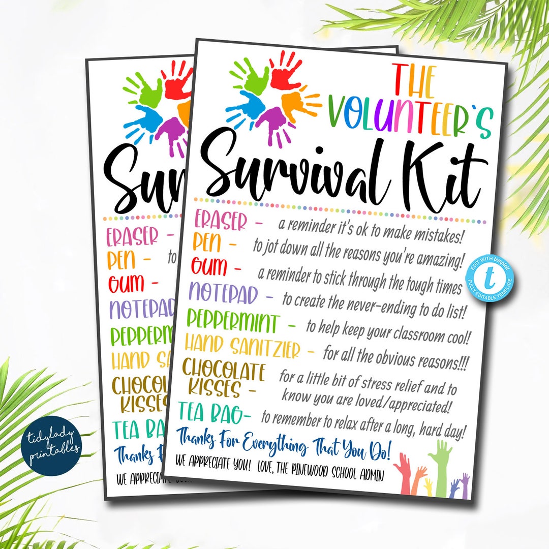 Editable Volunteer Survival Kit Printable: School Staff Gift (template ...