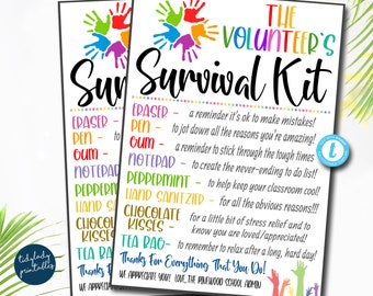 May include: Two white printable sheets with the text "The Volunteer's Survival Kit" in black and colorful accents. The sheets list items like an eraser, pen, gum, notepad, and peppermint, with descriptions. Colorful handprints and text are at the top and bottom.