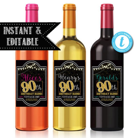 EDITABLE 90th Birthday Custom Wine Labels, Cheers to 90 Years, 90th Birthday Gift, 90th Party, Vintage Aged to Perfection 90th Printable Il_570xn