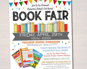 May include: A colourful flyer advertising a book fair at Pinewood Elementary School. The flyer features a stack of books, a banner with colourful triangles, and the text "Book Fair" in large, black letters. The event is scheduled for Friday, April 29th from 3:00 PM to 8:00 PM at the Pinewood School Gymnasium, located at 5555 Reading Lane, Denver, CO 77777. The flyer also mentions that there will be tons of new and used books to choose from in all genres, and that the event is sponsored by the Pinewood School PTO.