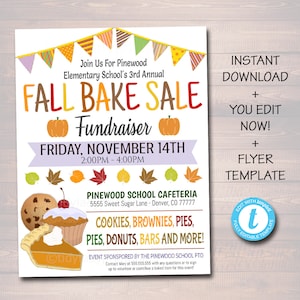 Fall Bake Sale Flyer, Festival Fall Harvest Flyer, Printable Autumn Bakery Invite, Fall Church School pto pta Fundraiser Editable Template