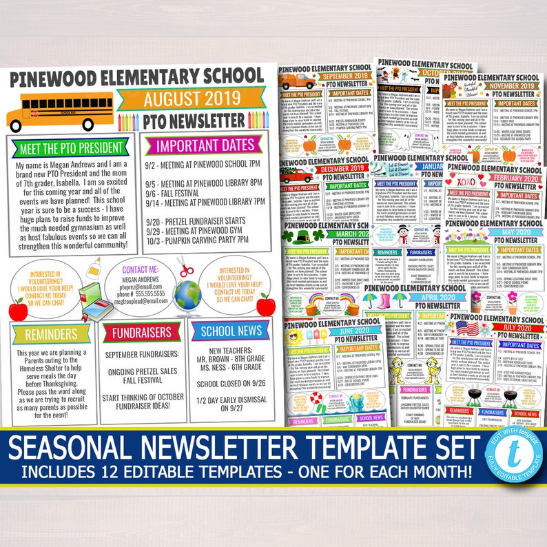 Yearly Pto Pta Newsletter Template Set, Classroom Printable Handout Flyer, Seasonal School Year Meeting Agenda Organizer, EDITABLE Template image 1