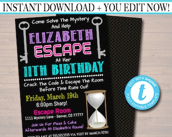 EDITABLE Escape Room Birthday Invitation, Girl Mystery Clue Spy Birthday Digital Detective Invite, Escape Chamber Party, INSTANT DOWNLOAD