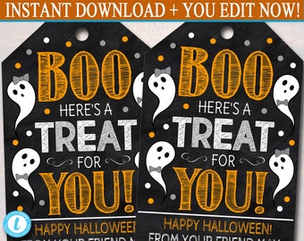 May include: Two printable Halloween gift tags with a chalkboard background. The tags feature a ghost with a bow tie and the text "Boo! Here's a treat for you! Happy Halloween! From your friend [Name]"