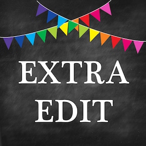 May include: Black chalkboard with the words "EXTRA EDIT" in white text. A string of colorful pennant flags hangs above the text.