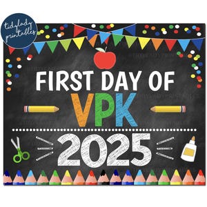 First Day of VPK 2025, Printable Back to School Chalkboard Sign, Primary Colors Boy Banner Confetti Digital Instant Download