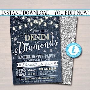 EDITABLE Denim and Diamonds Bachelorette Party Invitation, Bridal Shower Wedding Digital Invite, Ladies Night Country Party INSTANT DOWNLOAD