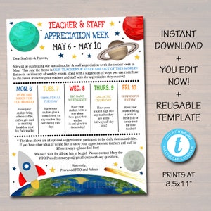 Bearbeitbares Weltraum-Thema-Lehrer-Anerkennungs-Personal-Einladungs-Newsletter, druckbare Anerkennungswoche-Events, Take-Home-Flyer, INSTANT DOWNLOAD