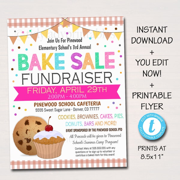 EDITABLE Bake Sale Flyer, Printable PTA, PTO Flyer, School Family Fundraiser Event, Team Sports Center, Church Printable Digital Invitation