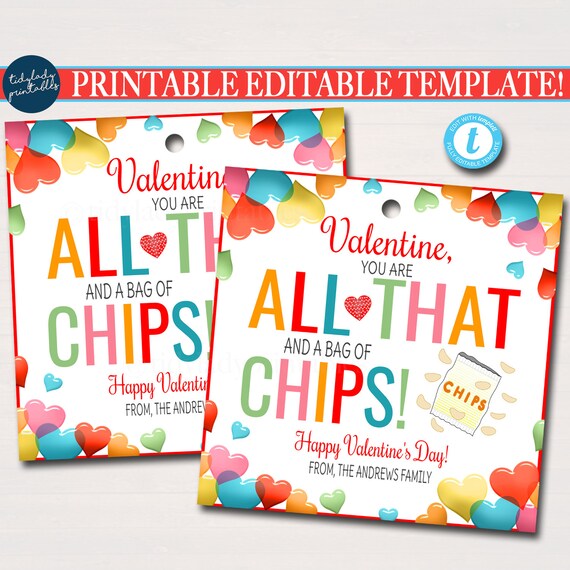 Valentine's Day Chips Gift Tag, You're all that and a bag of chips, Client Employee Teacher Staff Appreciation Valentine, Editable Template Il_570xn