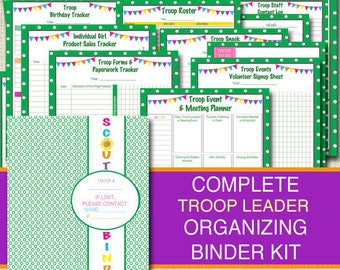 Puede incluir: Una carpeta verde y blanca con la palabra "SCOUT" en letras grandes y el texto "COMPLETE TROOP LEADER ORGANIZING BINDER KIT" en una pancarta blanca. La carpeta incluye varios formularios imprimibles para líderes de tropa, como una lista de tropa, un planificador de eventos y un rastreador de ventas de productos.