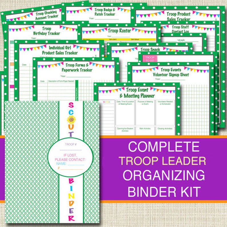 Organizing Binder Kit, INSTANT DOWNLOAD Troop Leader Forms, Meeting Planner, Printables, Group Organizer, Fundraiser Forms 