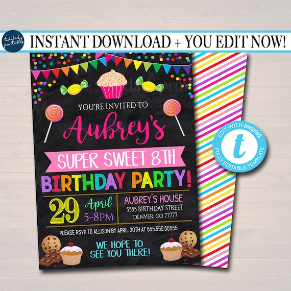 EDITABLE Kids Candy Themed Party Birthday Invitation, Girls Cupcake Party Candyland Digital Invite, Sweet Cupcake Wars, INSTANT DOWNLOAD Il_570xn