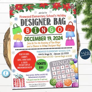 Christmas Designer Bag Bingo Night Flyer: Holiday School Church Fundraiser (Printable Editable Template)