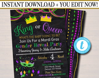 May include: A Mardi Gras themed gender reveal party invitation with a black chalkboard background. The invitation features a king and queen crown, a green and purple mask, and the text "King or Queen? What's the baby going to be? Join us for a Mardi Gras Gender Reveal Party Honoring Jenny & Mike Andrews Saturday 4 March 2:00PM - 6:00PM Jenny and Mike's House 4321 Mardi Street Denver, CO 55555 Dress Your Guess: Purple for a Girl & Green for a Boy R.S.V.P: Jenny at 222.222.222 by February 22nd".