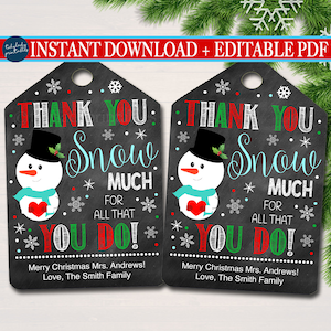 Étiquettes de cadeau de Noël, merci neige beaucoup pour tout ce que vous faites, imprimable enseignant personnel bénévole appréciation Noël, TÉLÉCHARGEMENT INSTANTANÉ, PDF modifiable