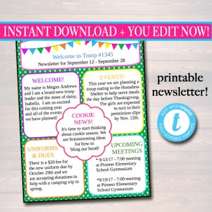 EDITABLE Newsletter Template, INSTANT DOWNLOAD, Teacher Newsletter, Event Newsletter, Parent Communication Form, School, Troop Printable