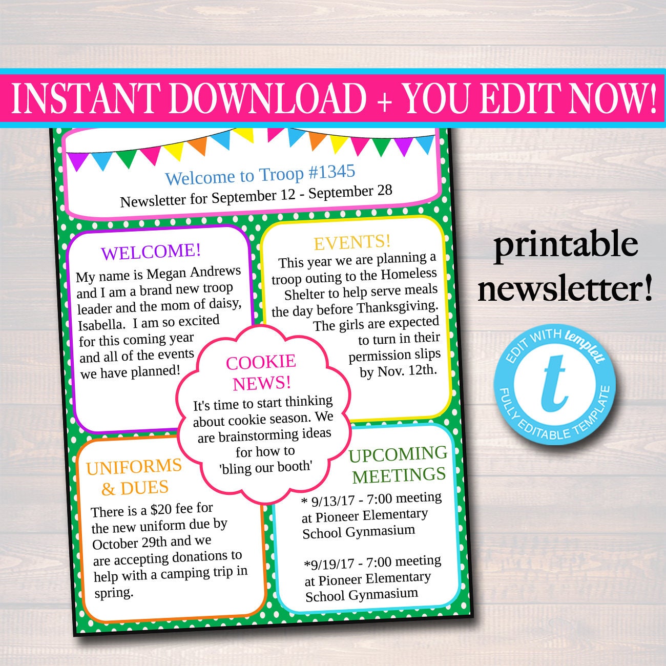 EDITABLE Newsletter Template, INSTANT DOWNLOAD, Teacher Newsletter, Event  Newsletter, Parent Communication Form, School, Troop Printable Within Free School Newsletter Templates