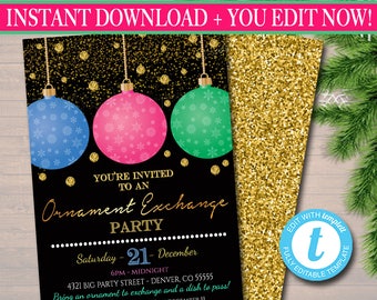 EDITABLE Ornament Exchange Party Invitation Xmas Bridal Shower Invite, Bachelorette Party Holiday Invite, Dirta Santa Party INSTANT DOWNLOAD