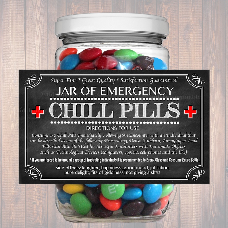 Chill Pills Label, Chalkboard Label Gag Gift Professional Office Gift, Christmas Gift, Birthday Gift, Boss Gift, Cowork Gift Printable Label image 1