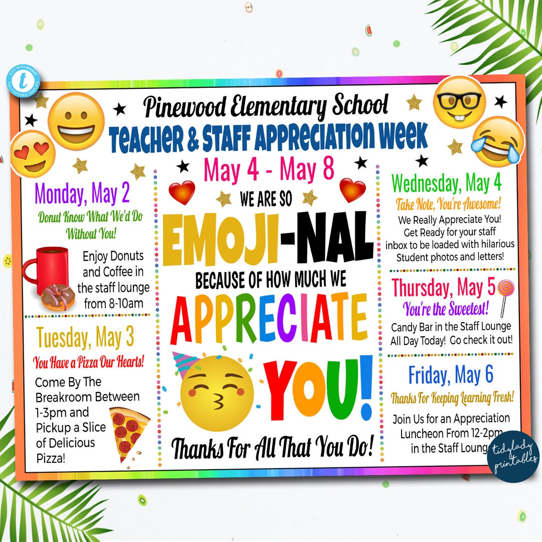 Teacher Appreciation Week Itinerary Schedule, Daily Weekly Calendar