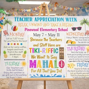 Affiche modifiable d'itinéraire de la semaine d'appréciation des enseignants sur le thème de la plage, personnel tropical Merci Mahalo (téléchargement numérique imprimable)