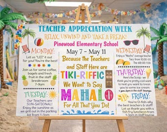 Editable Beach Theme Teacher Appreciation Week Itinerary Poster, Tropical Staff Thank You Mahalo (Printable Digital Download)