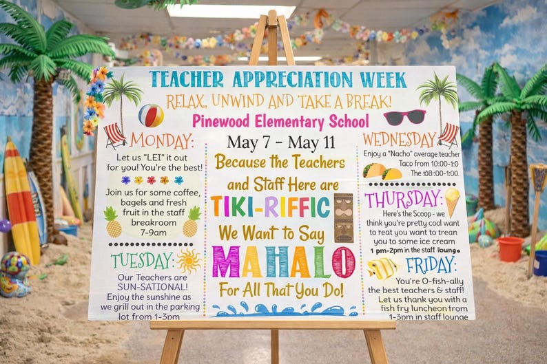 Editable Beach Theme Teacher Appreciation Week Itinerary Poster ...