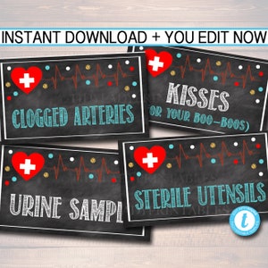 Etiquetas editables de la tienda de alimentos de la enfermera, decoración de la fiesta imprimible, pizarra de graduación imprimible, fiesta de jubilación, invitación de la enfermera RN, DESCARGA INSTANTÁNEA