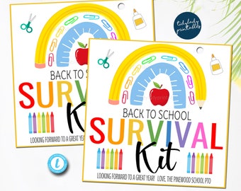 May include: Two square Back to School Survival Kit printables. Each features a rainbow, apple, and school supplies graphic. Text includes "Back to School Survival Kit" and "Looking forward to a great year!"