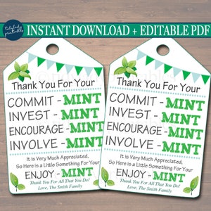 Étiquettes de remerciement imprimables, étiquettes de menthe bénévoles, imprimables, INSTANT + EDITABLE, cadeau de remerciement, étiquette de faveur de menthe d'appréciation du cadeau du personnel de la PTA
