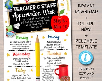Editable Teacher Appreciation Staff Invitation Family Newsletter, Printable Appreciation Week of Events, Take Home Flyer, INSTANT DOWNLOAD