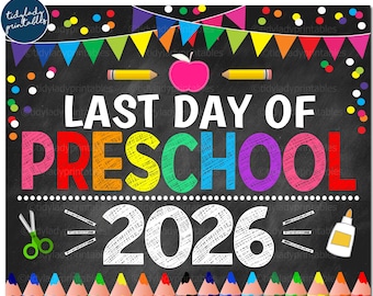Señal del último día de preescolar 2026: Pizarra arcoíris (descarga digital)