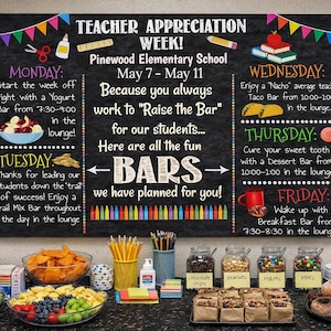 Editable Raise The Bar Theme Teacher Appreciation Week Itinerary Poster, Employee Staff Thank You Event Idea, Food Snack Bar (Digital File)