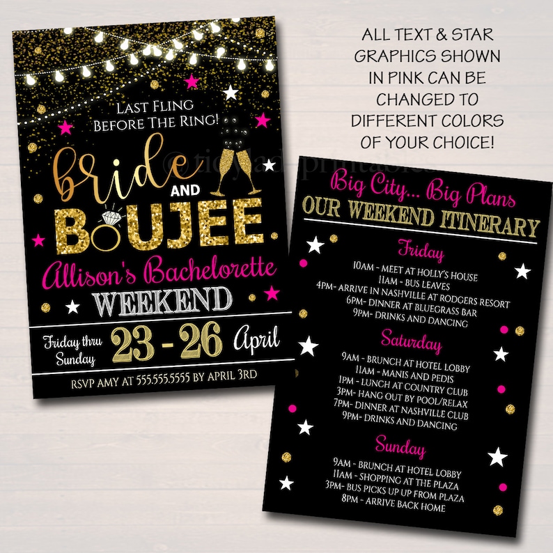 Bride /& Boujee EDITABLE Bachelorette Party Invitation Bride Tribe Girls Weekend Itinerary Instant Download Big City Champagne Glitter
