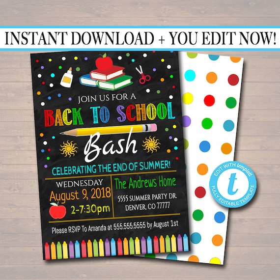 EDITABLE Back To School Party Invitation, Printable Digital Invite, Back to School, Backyard Party, End of Summer Bash chalkboard invitation Il_570xn