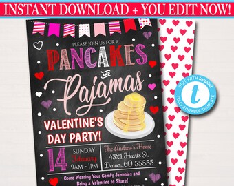 May include: A printable invitation for a Valentine's Day party with a chalkboard background. The invitation features a pink and red color scheme with hearts and the text "Pancakes and Pajamas Valentine's Day Party!" The invitation also includes the date, time, location, and RSVP information.