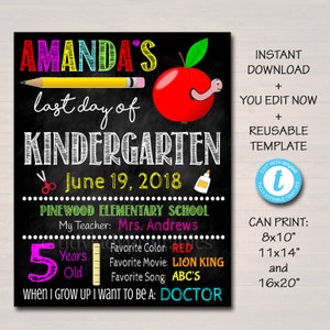 EDITIERBARE Last Day of School Foto Requisite Back to School Chalkboard Poster Personalisierte Schultafel Zeichen Jeder Grade Zeichen 1. Schultag
