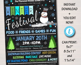 May include: A chalkboard style flyer for a Winter Festival hosted by the Pinewood Middle School PTO. The flyer features a snowman, snowflakes, and the text "Winter Festival" in blue, green, and white. The event is scheduled for January 20th from 2 PM to 10 PM at the Pinewood School Parking Lot. The flyer also lists activities such as a snowman building contest, hot cocoa, sledding, a bake sale, live music, an ice skating pond, and a chili cookoff.