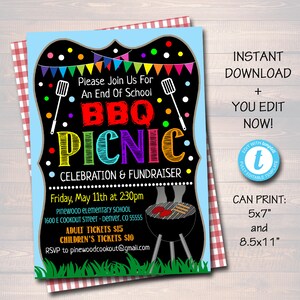 EDITABLE School Bbq Picnic Party Invite, Teacher Appreciation Week Printable, pta pto, Fundraiser Flyer End of School Party INSTANT DOWNLOAD