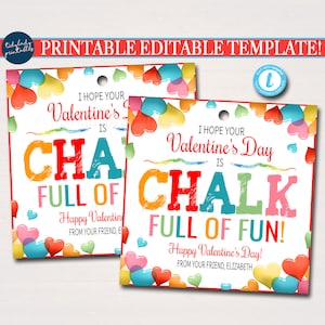 Valentines Chalk Gift Tags, valentines day is chalk full of fun Classroom Birthday Non Candy Party Favor Valentine Teacher Editable Template