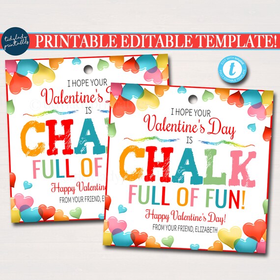 Valentines Chalk Gift Tags, valentines day is chalk full of fun Classroom Birthday Non Candy Party Favor Valentine Teacher Editable Template Il_570xn