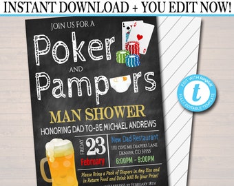 May include: A black and white printable invitation for a man shower with the text "Poker and Pampers Man Shower" in gold lettering. The invitation includes a date, time, and location for the event. The invitation also includes a request for guests to bring a pack of diapers.