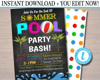 May include: Editable pool party invitation with a chalkboard background featuring the text "Join Us For An End Of Summer Pool Party Bash!" with a colorful beach ball and palm trees. The invitation includes the date, time, and location of the party. The background is a white polka dot pattern with colorful dots.