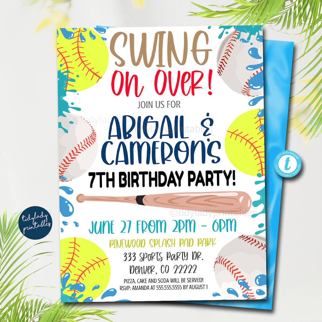 Softball and Baseball Party Invitation, End of Season, Swing on Over ...