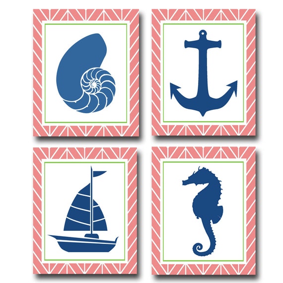 Nautical Printable Gallery Wall Set of 4, Seahorse, Sailboat, Anchor, Seashell Art Prints, Coastal Nautical Home Decor, Coral, Lime Navy Art Il_570xn