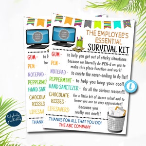 Employee Survival Kit Gift Tags, Employee Staff Appreciation Week Gift, HR Dept, Administrative Office Secretary Day Idea, Editable Template