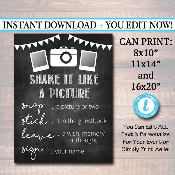 EDITABLE Photo Guestbook Sign, Printable Sign, Shake it like a polaroid picture, INSTANT DOWNLOAD, Graduation Wedding Party, Photobooth Sign